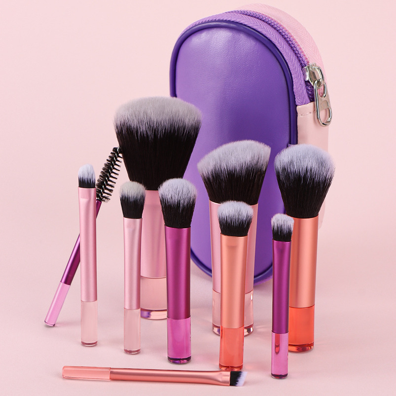 10-Piece Synthetic Fiber Makeup Brush Set Travel-Friendly Portable Kit Full-Face Brush Collection Includes PU Pouch