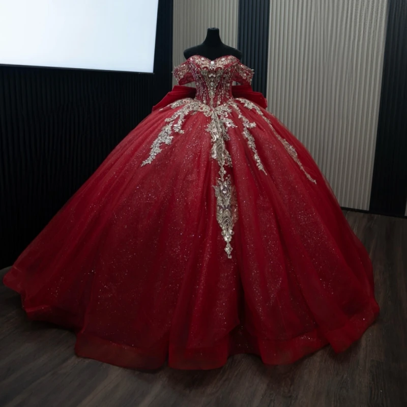 Red Shiny Princess Off the Shoulder Sweet 16 Dress Quinceanera Dresses Applique Lace Beads Bow Tull Party Birthday Vestidos 15