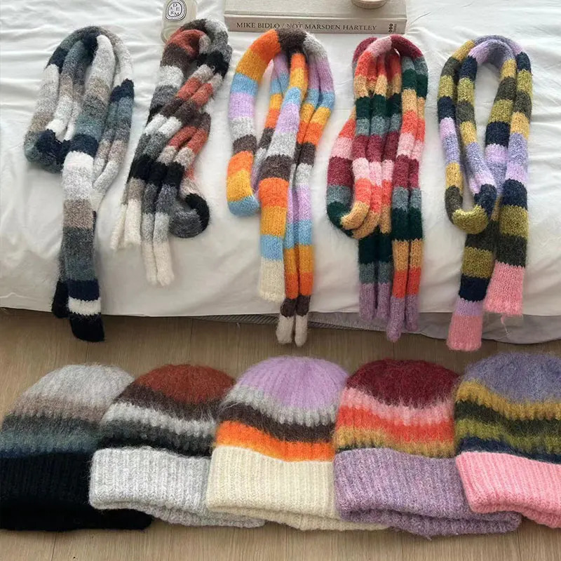 Striped Rainbow Beanies Hat Scarf Two Piece Set For WomenMen Winter Warm Skullis Hats Unisex Outdoor Coldproof SCarf Caps Set 251029