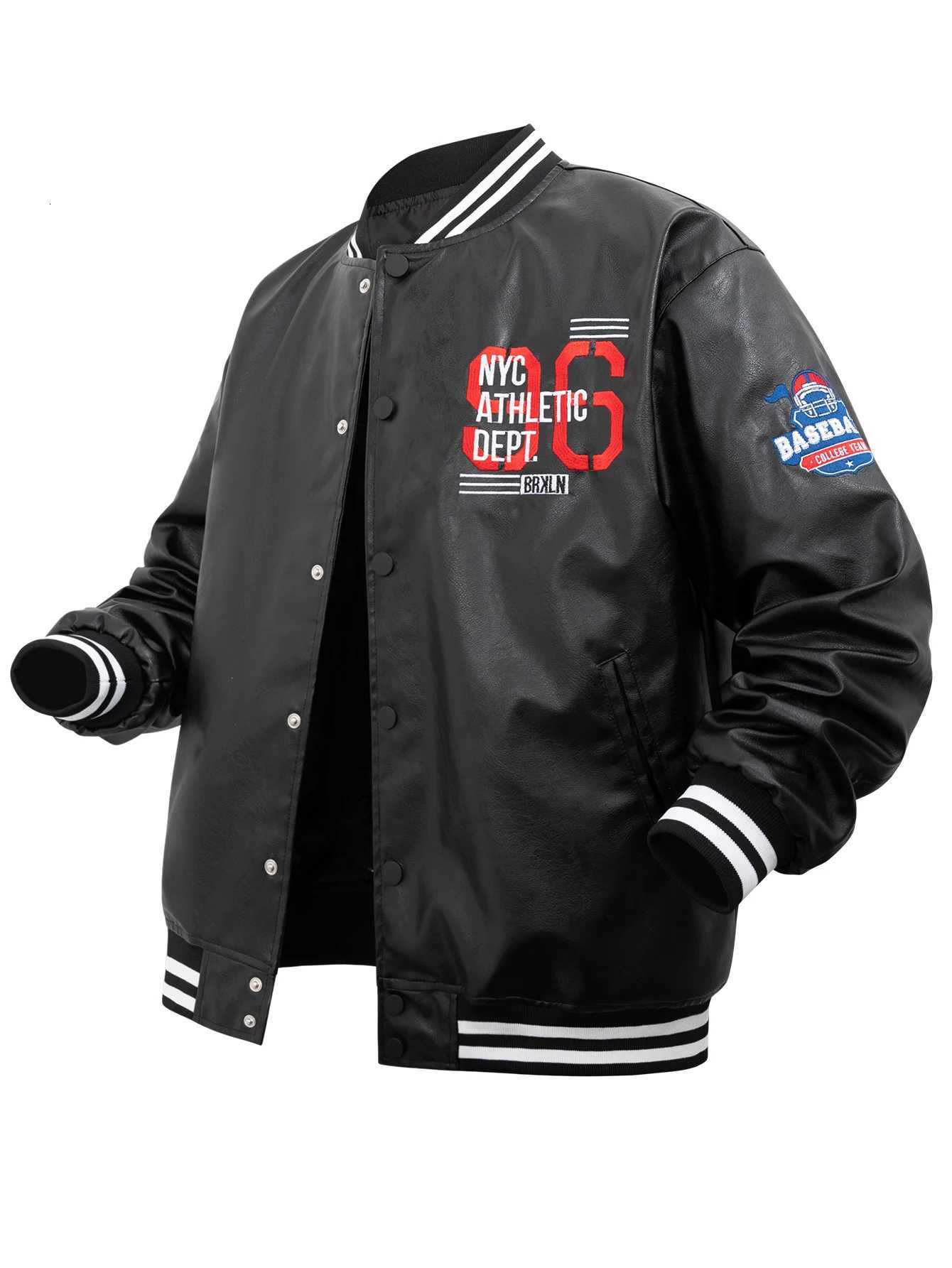 Mens PU Faux Leather Jacket Embroidery SnapButton Baseball Coat Vintage Biker Outerwear StreetwearT251029