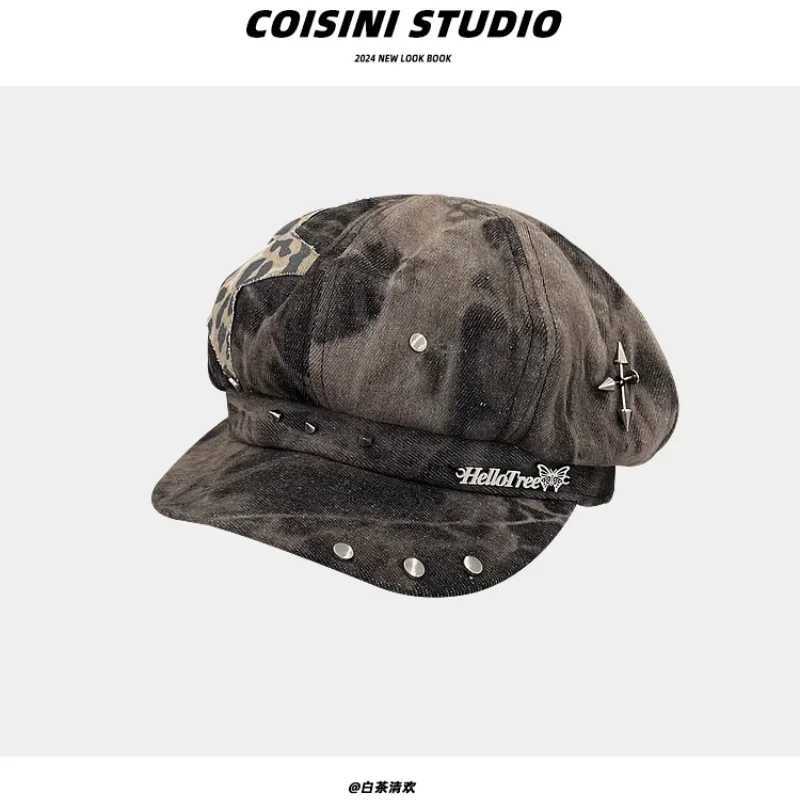 Y2K Personalized Star Sticker Rivet Design Berets Caps for Women Spring and Autumn Fashion Versatile Retro Tiedye Newsboy Hats