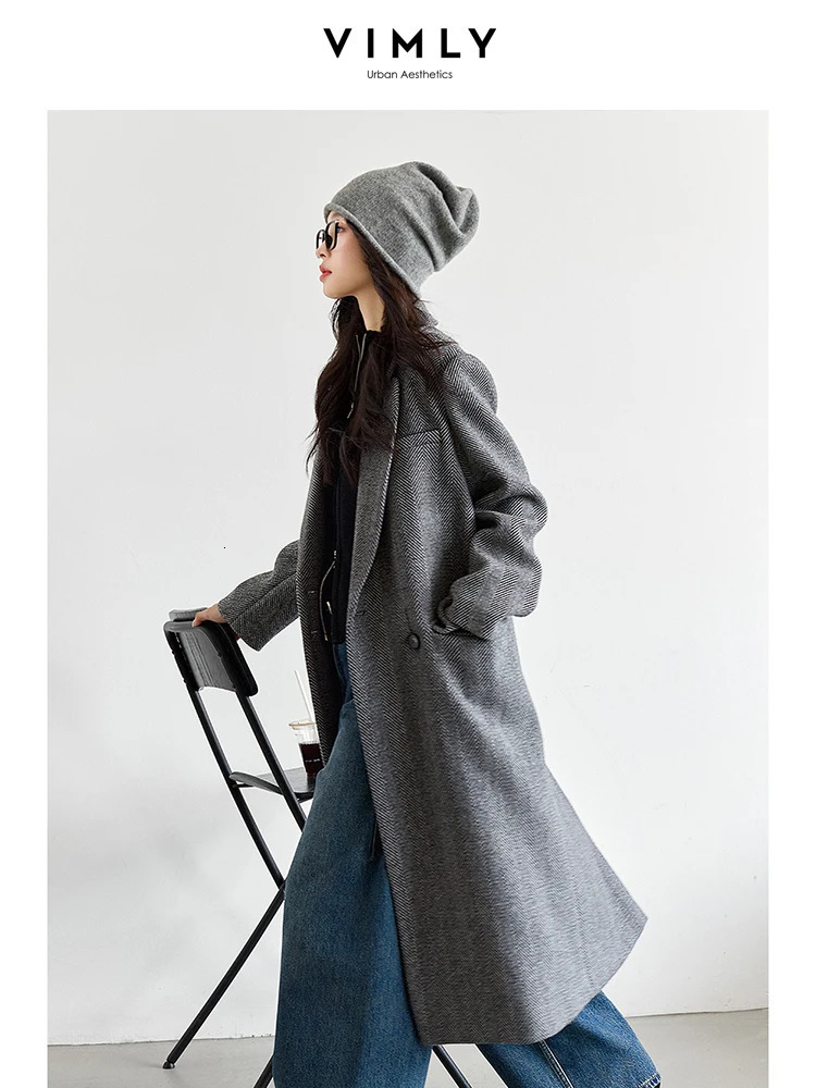 VIMLY Women Elegant Wool Blend Long Blazer Coat FallWinter Thick Warm Simple Double Breasted Overcoat Office Lady Outerwears 251028
