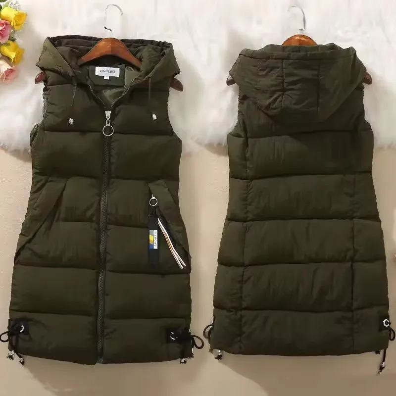 Autumn Winter Women Cotton Vest Jacket Midlength Puffer Sleeveless Parkas Coat Casual Pocket Hooded Waistcoat Female W 251027
