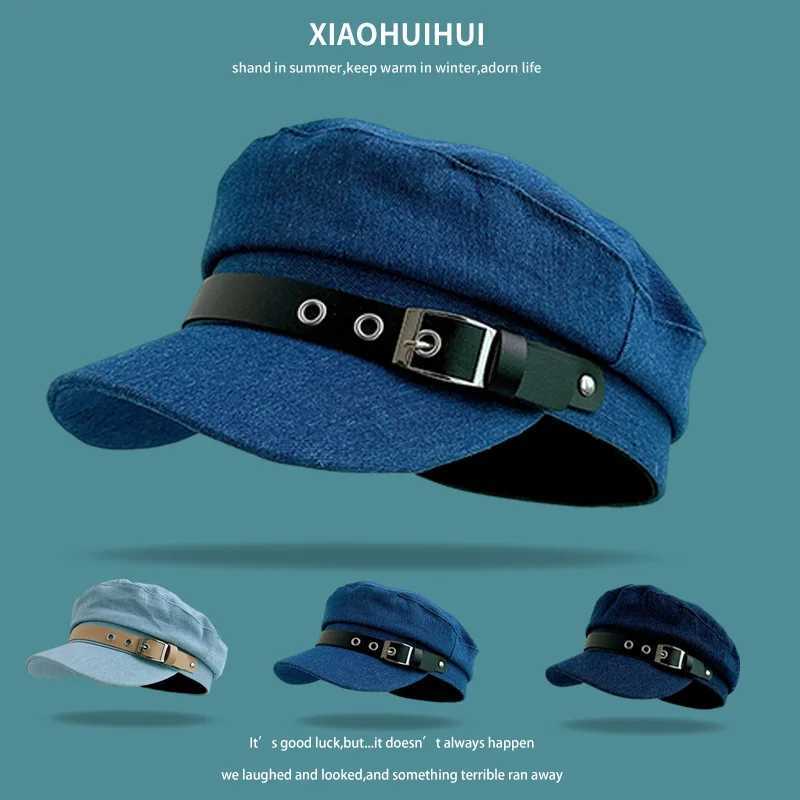 New Blue Denim Flattop Beret Womens Spring and Autumn Retro Versatile Leather Buckle British Sunshade Casual Newsboy Cap
