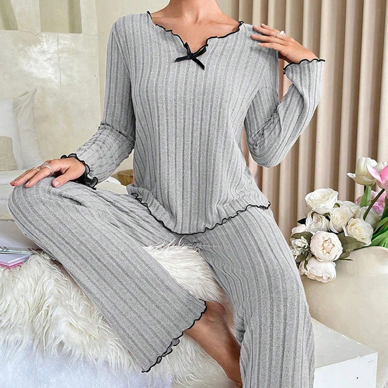 Women Autumn Winter Sleepwear Ribbed Pajamas Set Long Sleeve Top and Pants 2 Piece Casual Homewear Loungewear 251029
