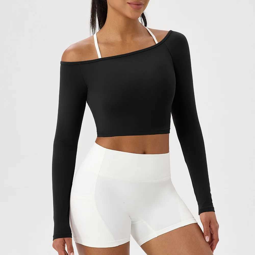 Women Sexy Off Shoulder Yoga Top Long Sleeve Gym Running Top Solid QuickDry Sport Workout ShirtXJ251029