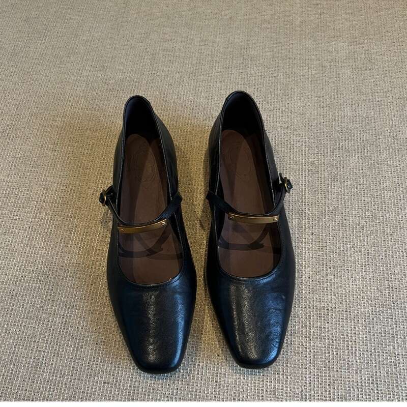 Sheepskin Version ~ Shallow Mouth Metal Buckle Black Mary Jane Designer Shoe for Women Flat Versatile Square Toe Single Shoes