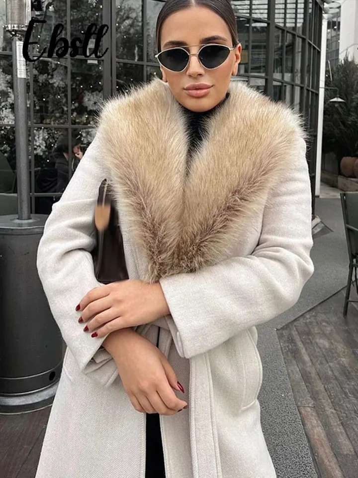 Elegant Fur Lapel Maxi Coats Women Lace Up Full Sleeve Pocket Wool Long Overcoats 2025 Winter Lady Solid High Street Outwear 251029