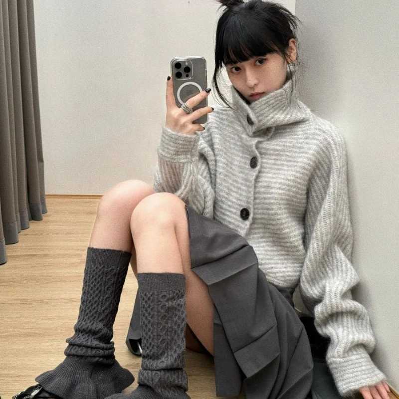 Deeptowm Y2K Gray Striped Women Sweater Vintage Turtleneck Korean Fashion Knit Cardigan Harajuku Button Autumn Loose Old MoneyT251028