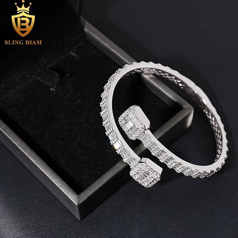 Fine Fashion Jewelry 6mm Open Square Bracelet 925 Sliver Iced Out Baguette Moissanite Cuban Link Bracelets