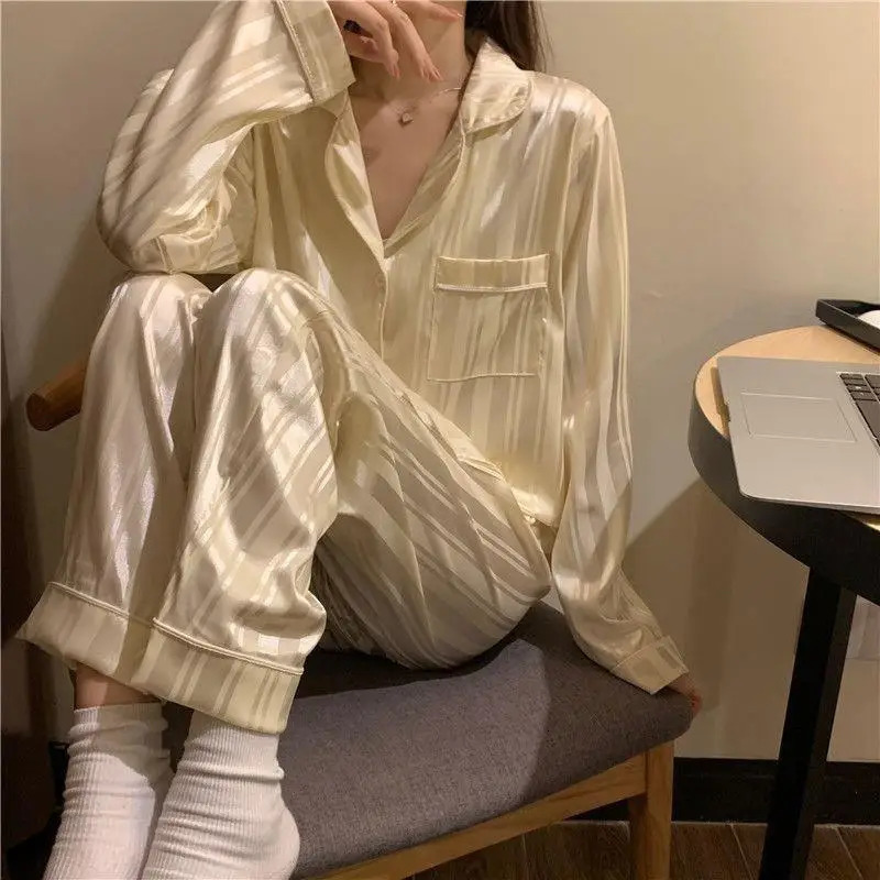 Pajamas Female Summer Ice Silk Girls Homewear LongSleeved Trousers Simulation Black Striped Plus Size Suit 251029