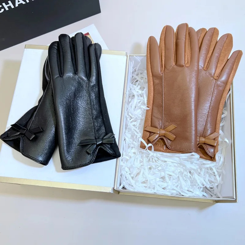 Womens Winter PU Leather Gloves Touchscreen Texting Warm Driving leather with Bow for Outdoor 251013