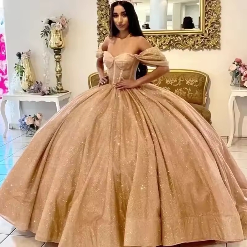 Rose Gold Shiny Ball Gown Quinceanera Dresses Off The Shoulder Beaded Tull Party Birthday Sweet 16 Dress Vestidos De 15 Anos