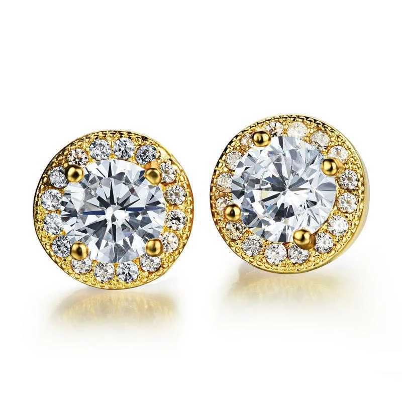 Luxury Crystal White Zircon Stud Earrings Simple Yellow Gold Color Round Vintage Wedding Jewelry For WomenW251029
