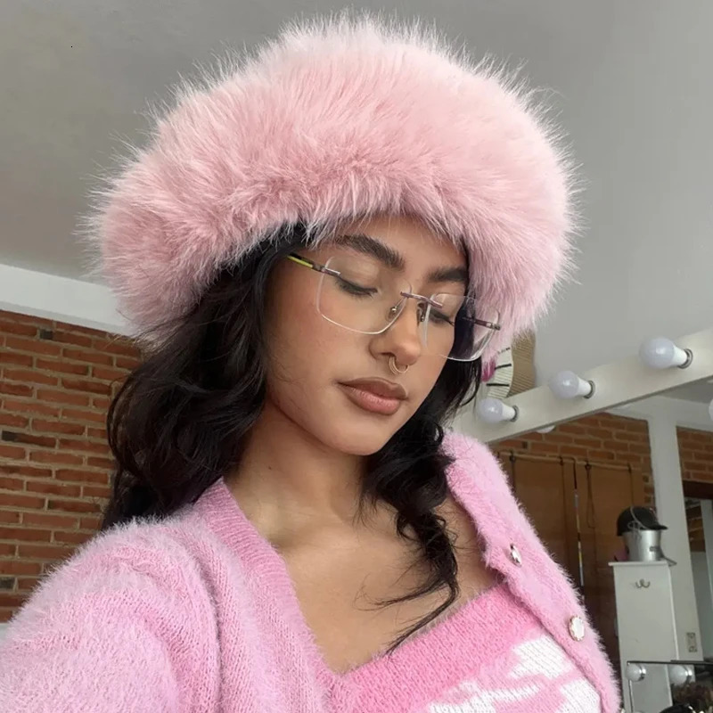 Fluffy Faux Fur Bucket Hat Rabbit Warm Thick Plush Winter Hat Lady Fashion y Panama Furry Fisherman Cap Y2k 251013