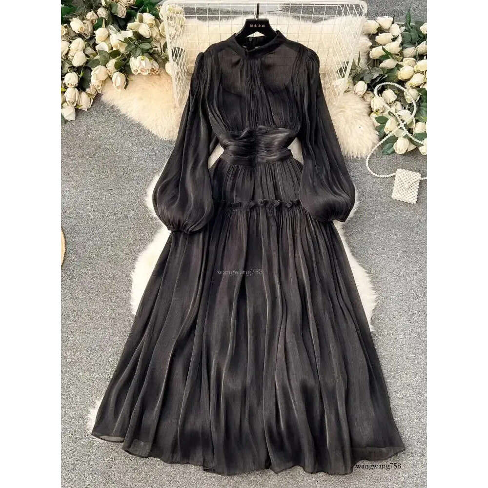 French Folds Wedding Formal Occasion Dresses For Womens Stand Puff Sleeve Chic A-Line Pleated Shine Robe Clothes Holiday 240929