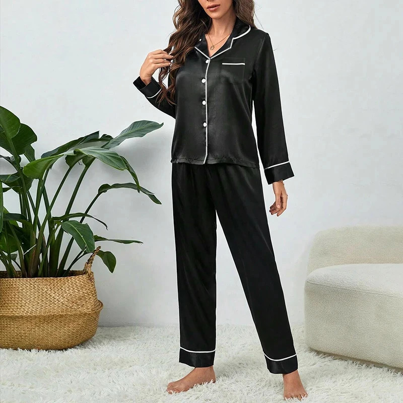 Plus Size Fall and Winter Silk Pajamas Women Tops Pants Solid Casual Simple Nightwear Buttons Cardigan Sleepwear Homewear 251029