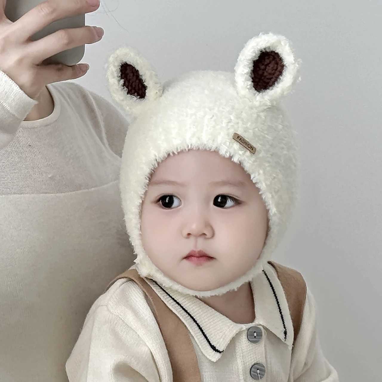Autumn Winter Baby Plush Knitted Hat With Ears Solid Color Warm Ear Protection Cap Outdoor Windproof Toddler Kids Earflap Beanie251028