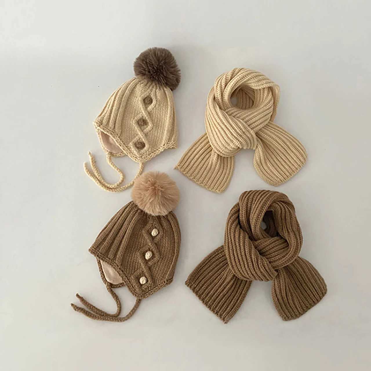 Pompom Beanie For Baby Earmuffs Cap Winter Warm Kids Woolen Knit Hats 12Year Boy Girl Ear Protection Hat Toddler Ties Bonnet251028