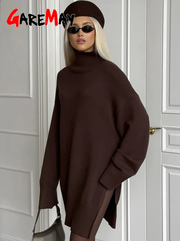 Winter Womens Knitted Dress Autumn To The Knee Short Warm Knitted Dress with Slit Brown Sweater White Dress for Women 251029