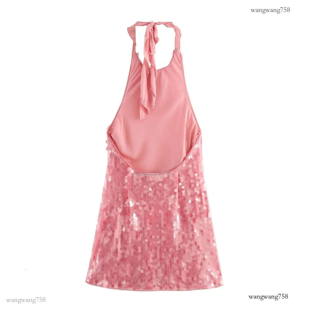 Mesh Mini Dresses Pink Sequin Halter Dress: Sexy Backless Evening Mini Dress