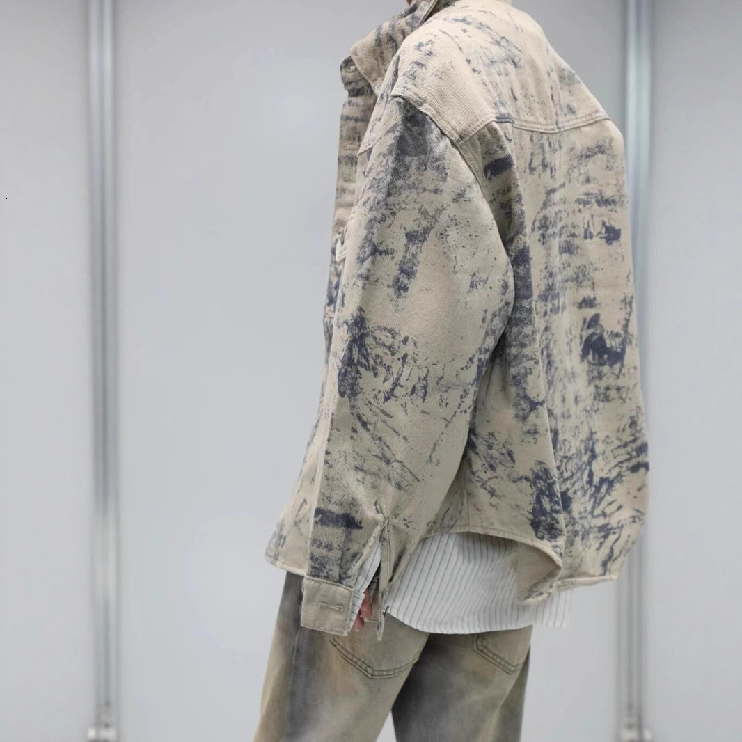 Tie-dye Lapel Denim Jacket For Men Spring And Autumn High-end Feel Stylish American High Street Niche Designer Jacket Lazy Style Top