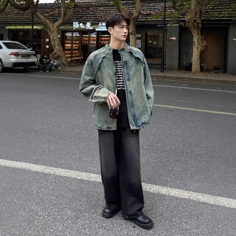 American Niche Deconstructed Washed Denim Jacket Men Spring Designer Jacket Autumn Trendy Brand High Street Oversized Loose Stand Collar Coat