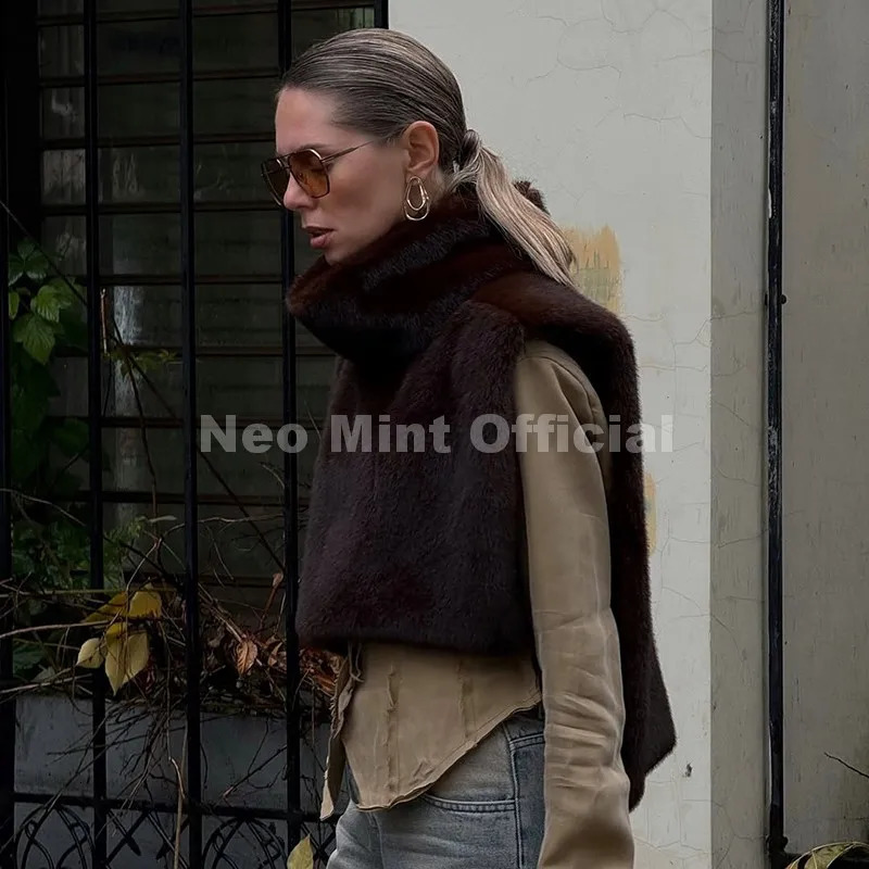 Neo Mint Fashion Faux Fur Sable Vest Crop Top Autumn Winter Turtleneck Eco Mink Tank Tops Sleeveless Jacket Coat 251028