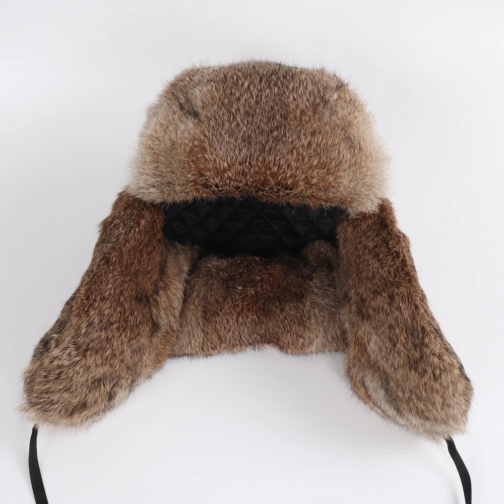 Arrival Russian Rabbit Fur Trapper Hats For Men Thick Male Winter Real Rabbit Fur Hat Full Pelt Outdoor Bomber Real Fur Cap 251029