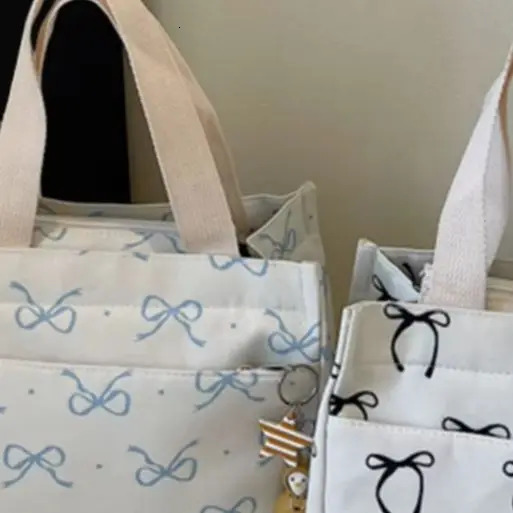 Canvas Lunch Bag Thermal Insulation Lunch Box Storage Handbag with Handle Casual Bow Print Tote Bag Lightweight Hobo Bag Picnic 251029