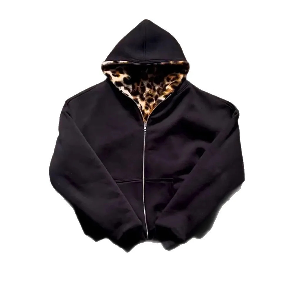 Autumn and Winter Fashion Retro Leopard Print Hooded Zipper Doublesided Sweatshirt Jacket 251029