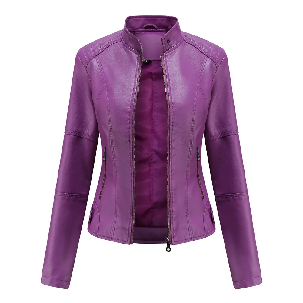 Women Leather Jacket 2025 Spring Autumn Black PU Leather Coat Standup Collar Motor Biker Jacket 251029