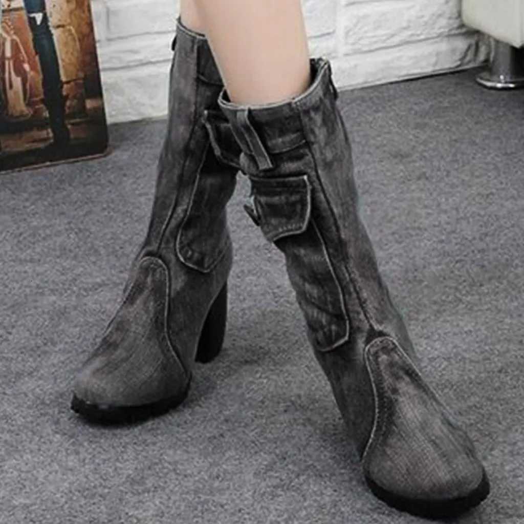 Blue jeans boots Womens Midrise Rome Solid SlipOn Chunky Med Heels Boots wild vintage Large Size Ladies shoes Z251029