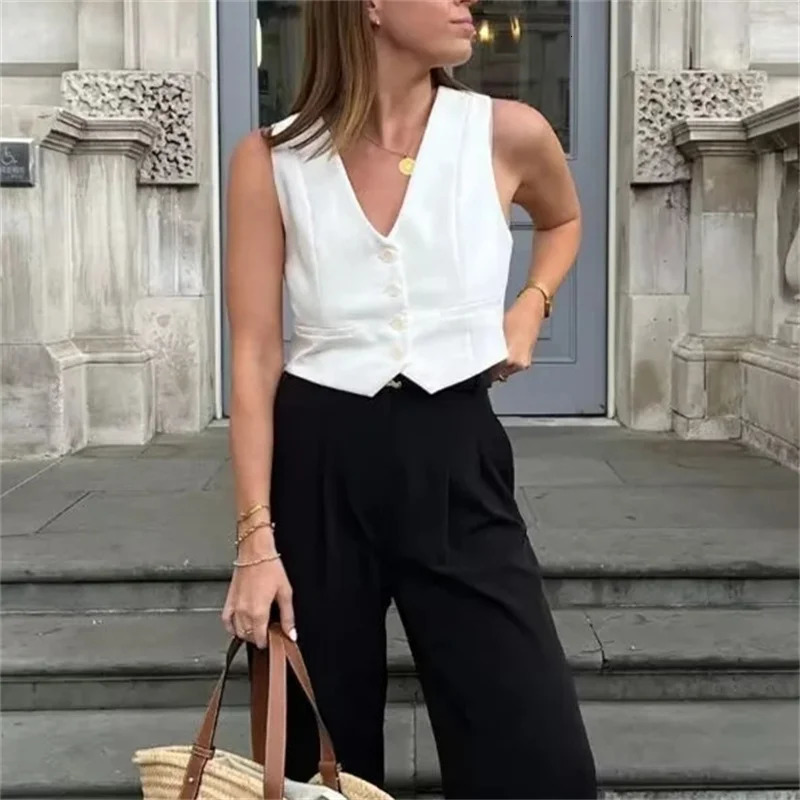 MUJER Womens Vest Black White Cropped Vest Top Women V Neck Sleeveless Vest Woman Fashion Working Summer Suit Vest Short Coats 251029