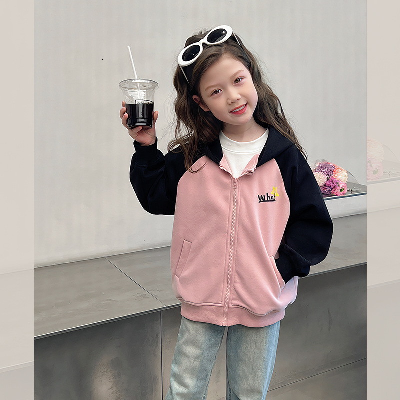 Girls' fashion sports jacket, children's color blocked cardigan, plus size children's hooded jacket, designer new style