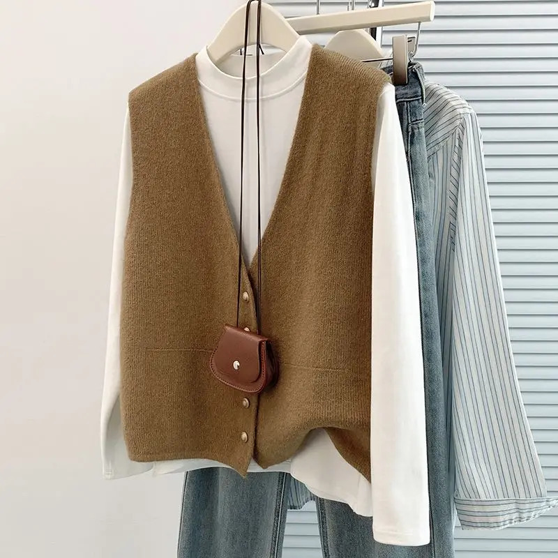 Womens Soft Knitted Vest Women Casual Button deep VNeck Sleeveless Fall Cardigan stylish Simple Tank Tops Loose Knitwear Coats 251029