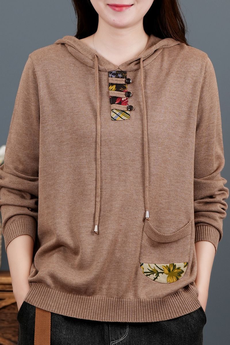 Retro designer style cotton long sleeved knitted women's sweater Spring and Autumn new hooded sweatshirt Fashion slim fit sweater