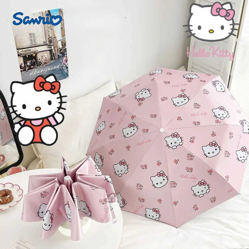Sanrio New Sanrio Sweet Hello Kitty Cute Creative Cartoon Pattern Fashionable Folding Portable Vinyl Shade Umbrella for Rain or Shine L251029
