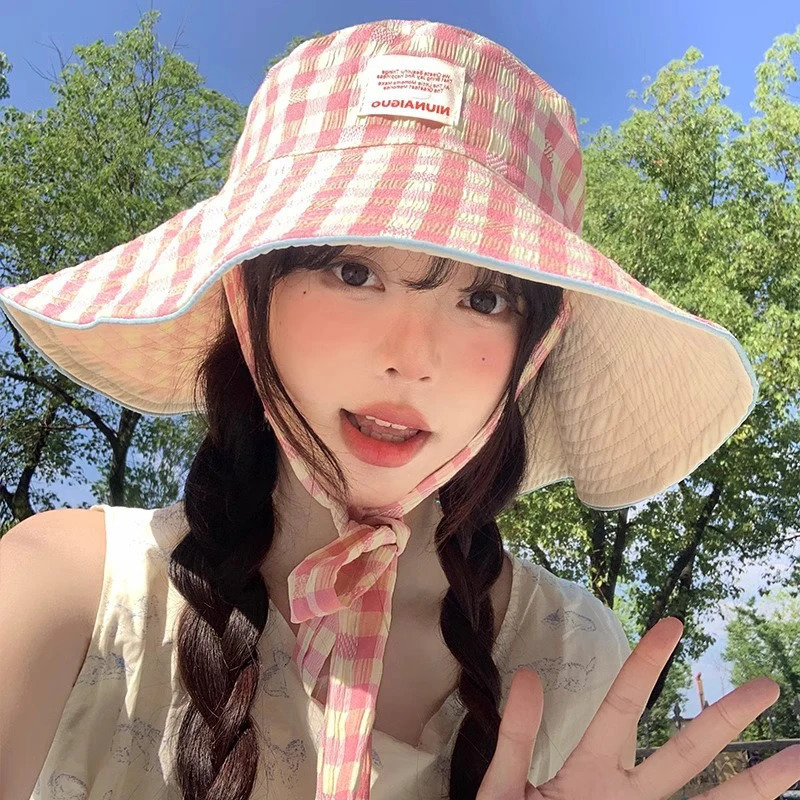 Doublesided Plaid Wideedged Laceup Bucket Hat Summer Outdoor Versatile Sunscreen Sweet Contrasting Color Plaid Womens Caps 251029