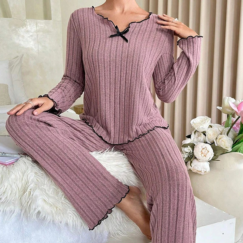 Women Autumn Winter Sleepwear Ribbed Pajamas Set Long Sleeve Top and Pants 2 Piece Casual Homewear Loungewear 251029