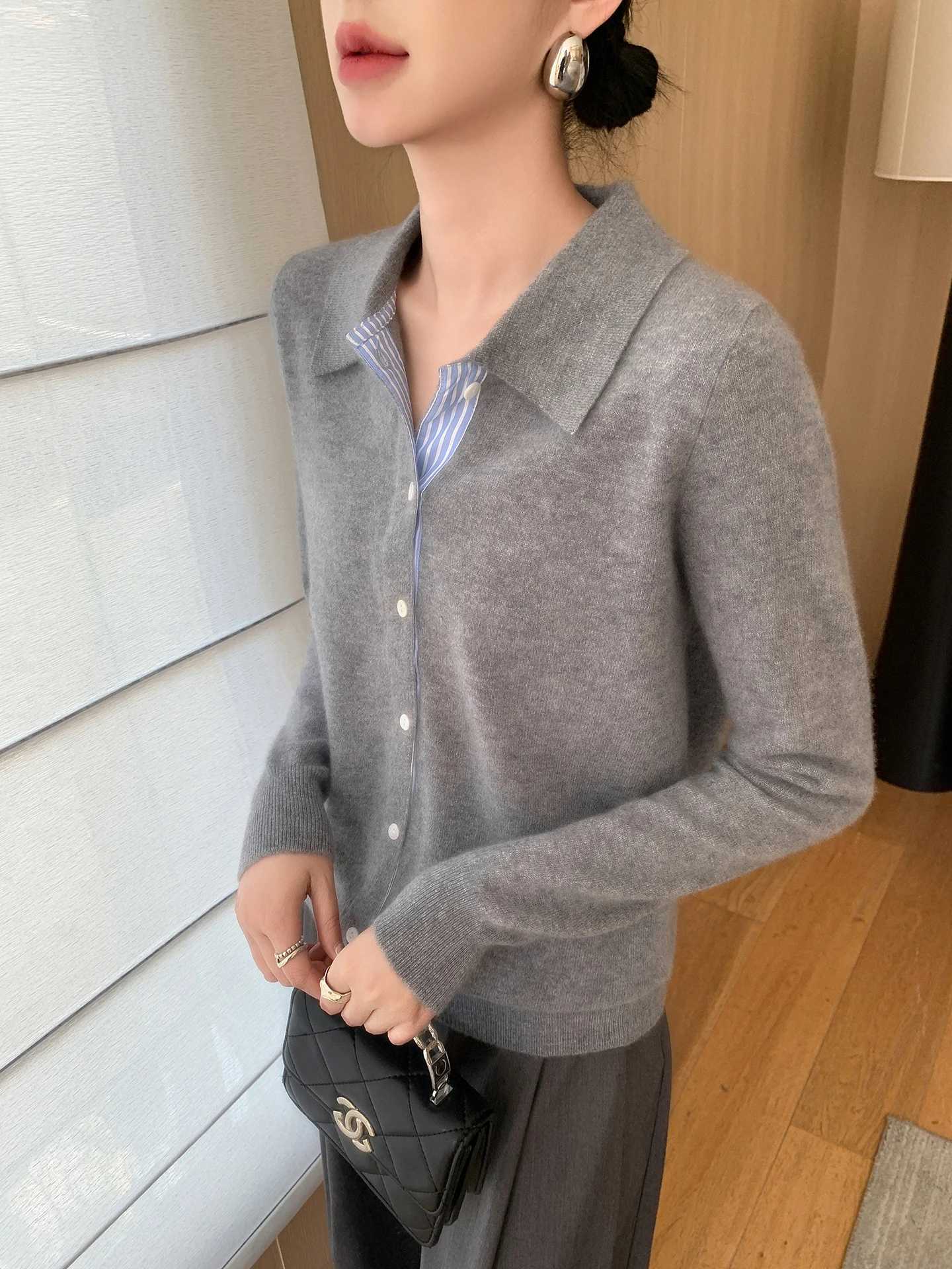 Women Cardigans Single Breasted Polo Collar Fake Two Pieces Long Sleeves Autumn Winter Fashion Korean Knitted Pullovers JumperT251028