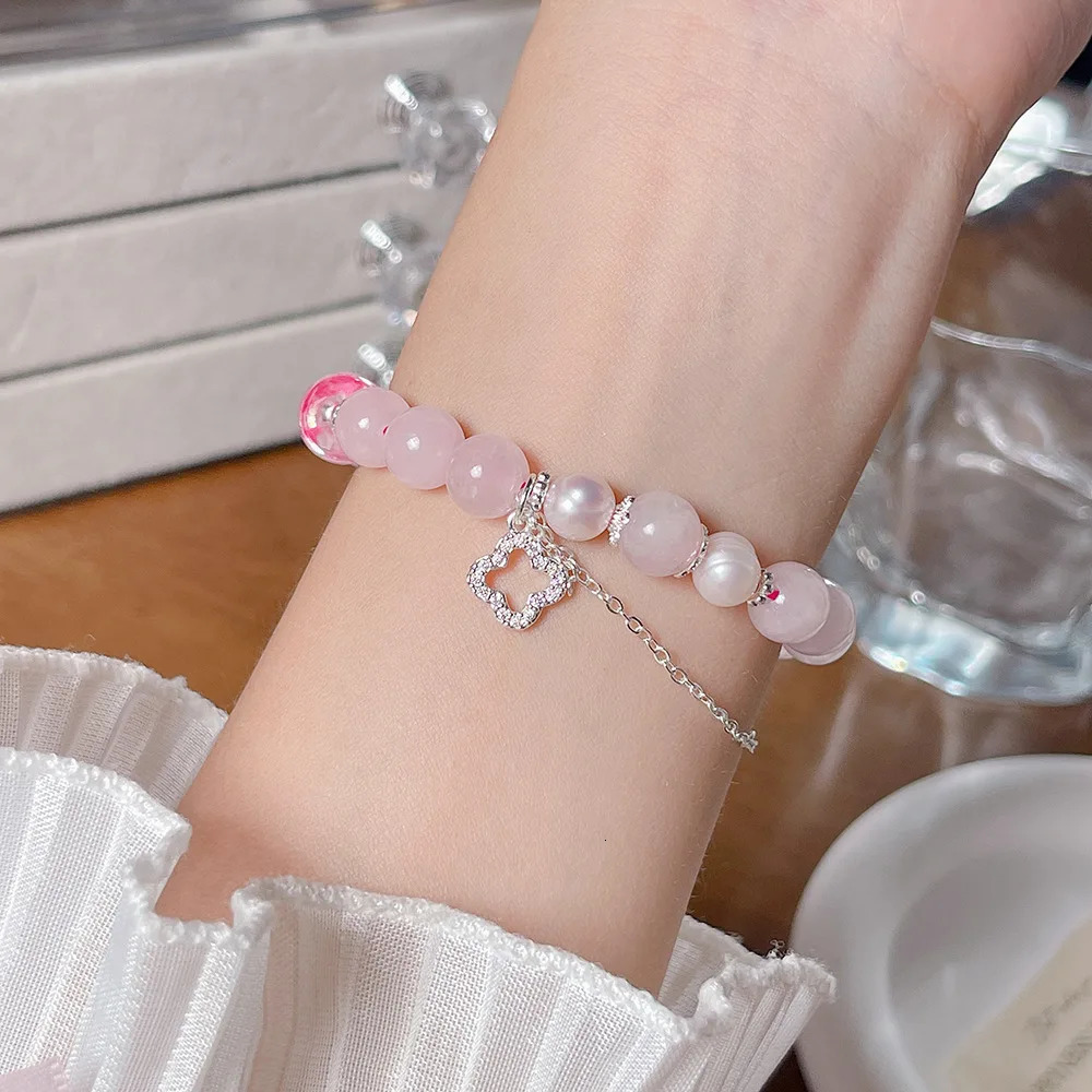 Ultra Pink Crystal For Women FourLeaf Lucky Clover Butterfly Sweet Girl Beaded Bracelet Friend Jewelry 251024