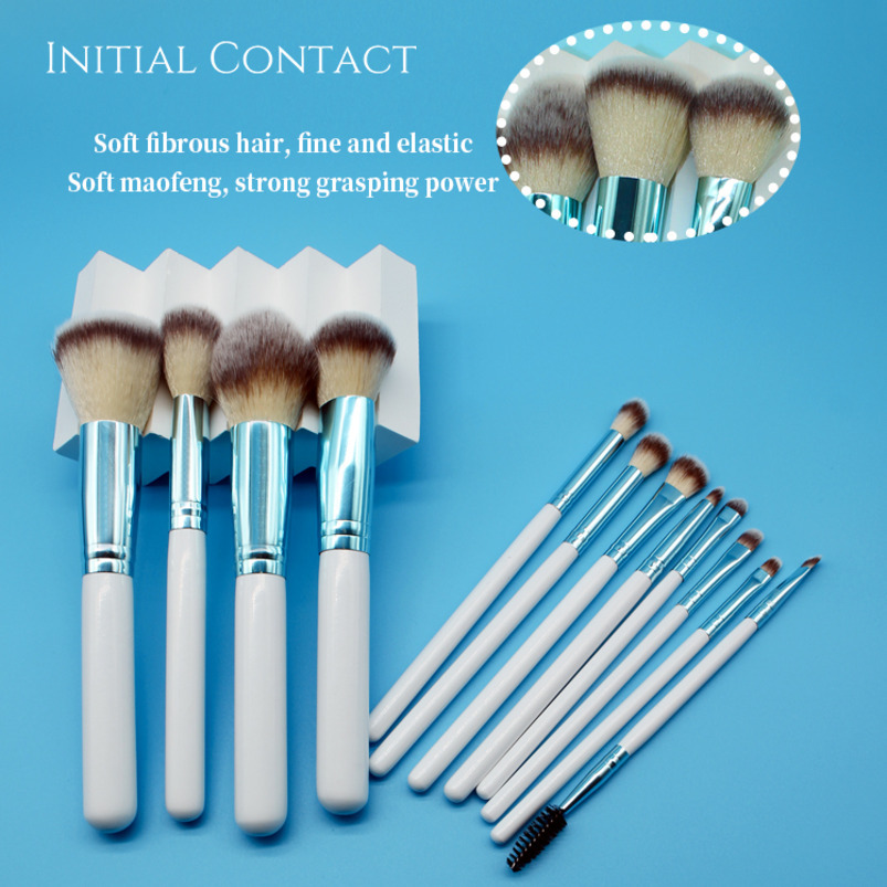 Bestseller 12-Piece Synthetic Fiber Professional Makeup Brush Set Factory Direct Sales Blue/White Wooden Handles Customizable Logo Available