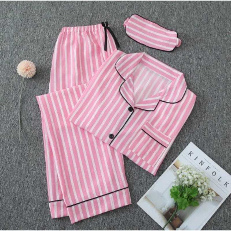 Sexy Sleepwear Women Plus Size Pink Striped Pajamas Bubble Crumpled Cotton Student Loungewear Long Sleeve Long Pants NightwearT251029