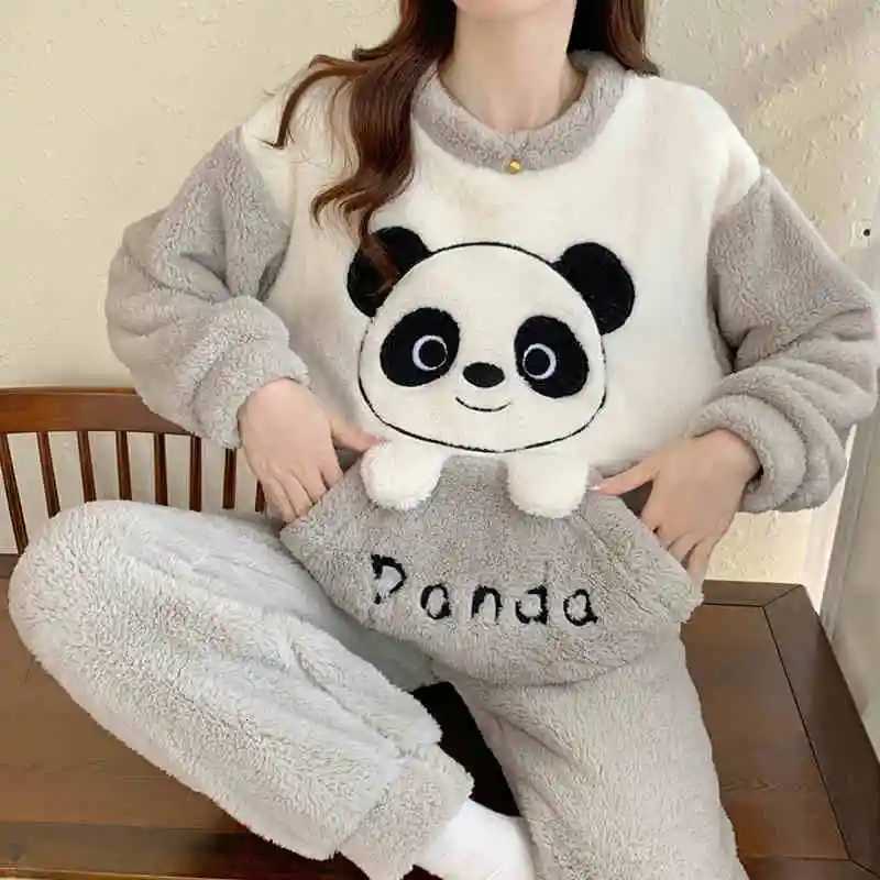 Panda Cartoon Warm Sleepwear Womens Pajamas With Pants Set Lovely Cute Pajama Female Flannel Long Sleeve 2 Pieces Home SuitT251029