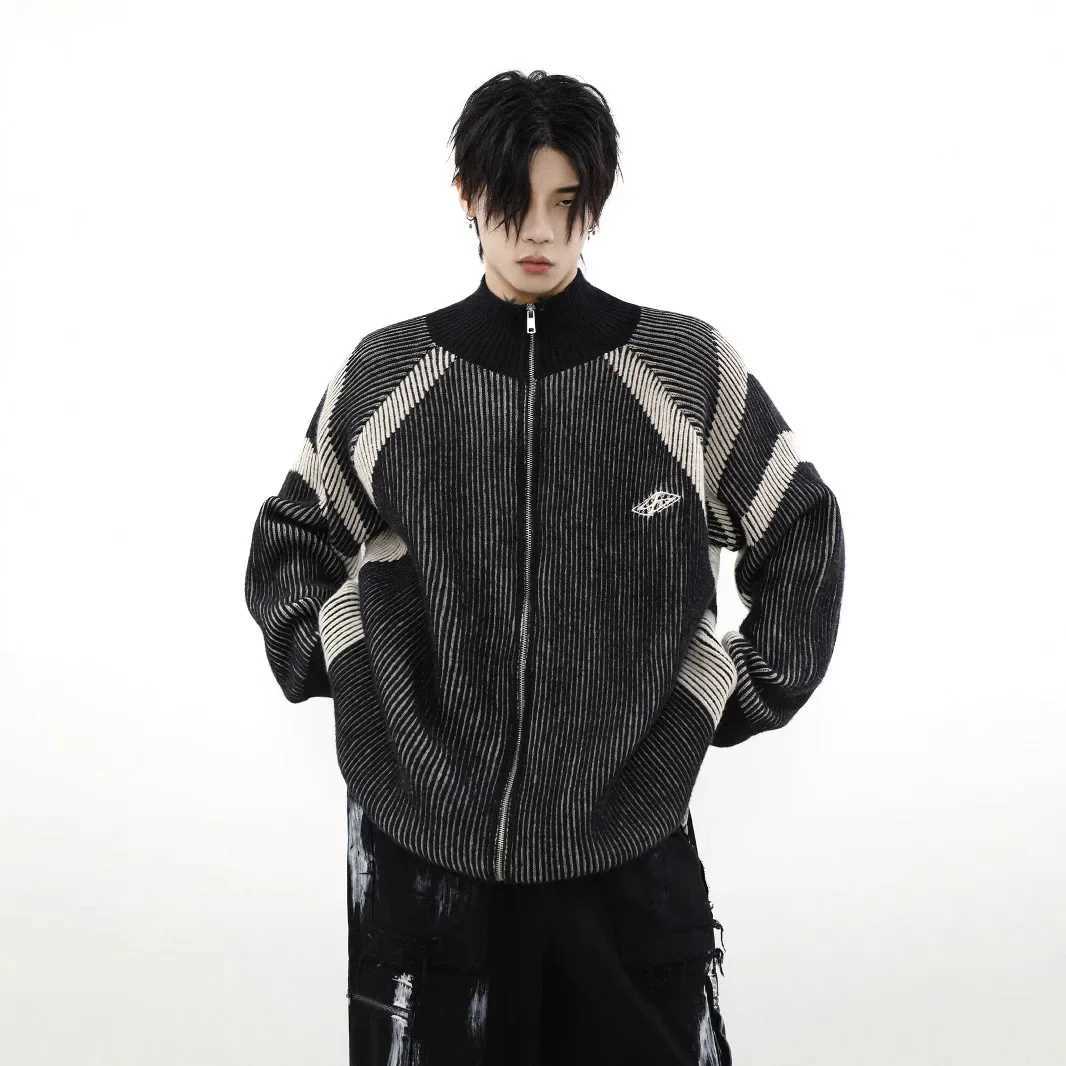 American Retro High Neck Knitted Sweater Casual Striped Mens Outerwear Spring Autumn Leisure Fashion Couples Cardigan J251029