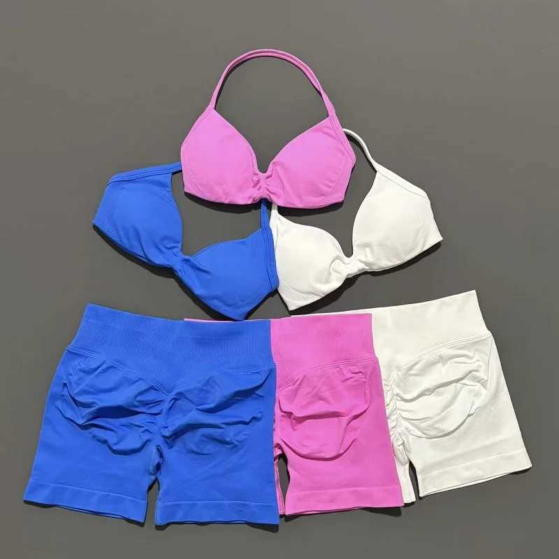 2 Pieces Yoga Gym Set Women Seamless Strappy Yoga Bra High Waist Workout Scrunch Shorts Sports Set Fitness Clothes SportswearXJ251029