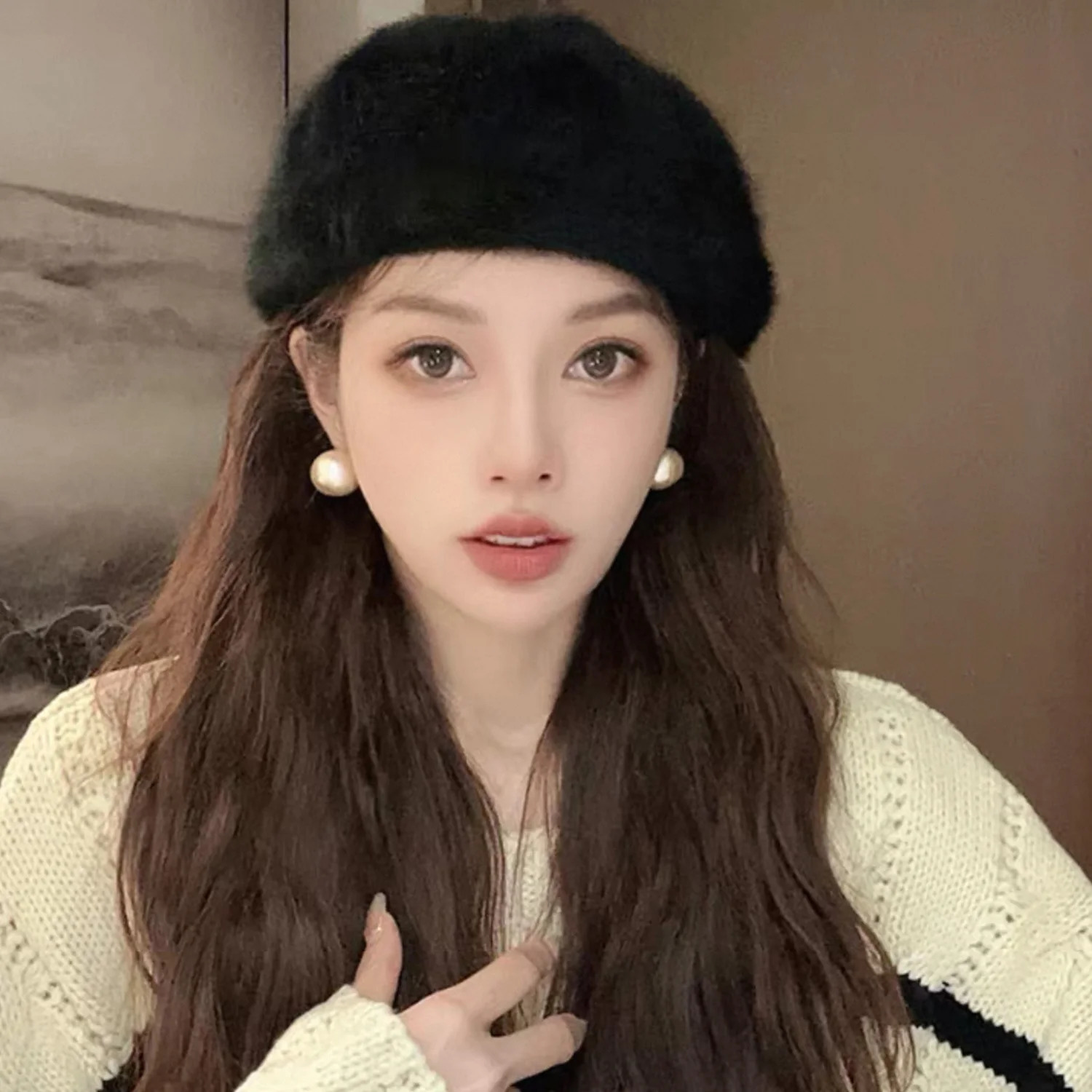 Sweet Faux Rabbit Fur Beret Hat Women Autumn Winter Thicken Keep Warm Furry Flush Artist Flat Cap Solid Color Painter Hats 251029