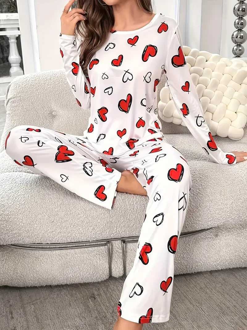 Autumn Winter Pajama Set for Women Sleepwear Heart Print Knitted RoundNeck Loose Tops and Elastic Long Pants LoungewearT251029