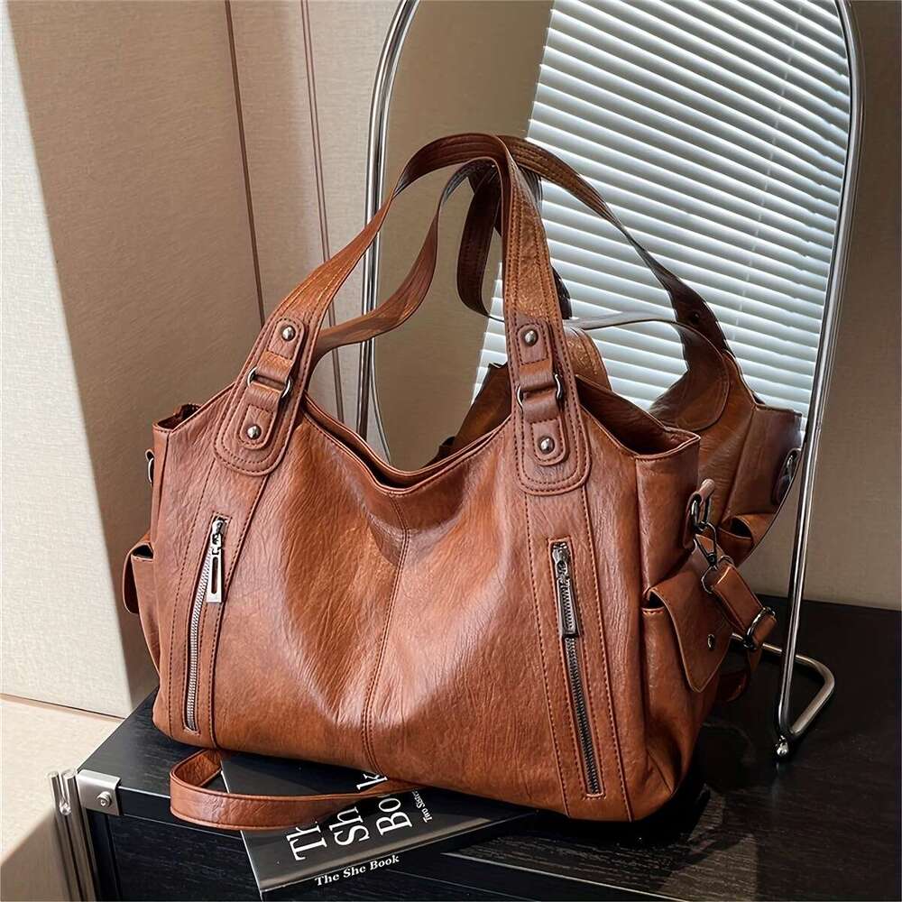 2025 New Women Large Capacity Tote Bag With Adjustable Strap, Multiple Zippered Compartments Front Pocket Brown, Versatile Commuter